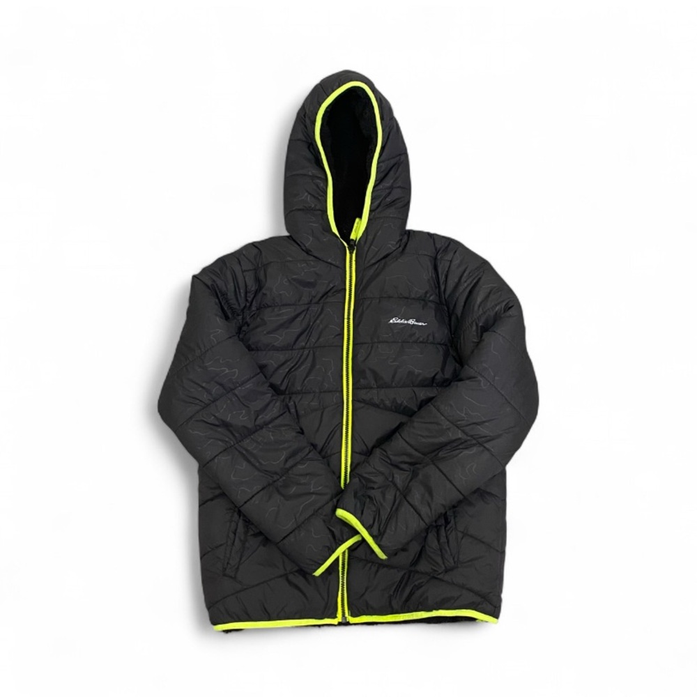 Eddie Bauer Black neon greenfleece puffer jacket reversible hoodie boys L 14-16